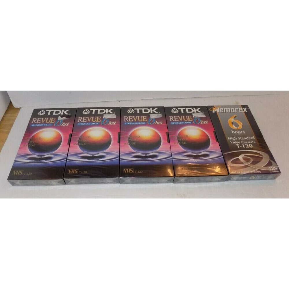 5 TDK Revue/Memorex T-120 6 Hour VHS Tapes Sealed Blank New